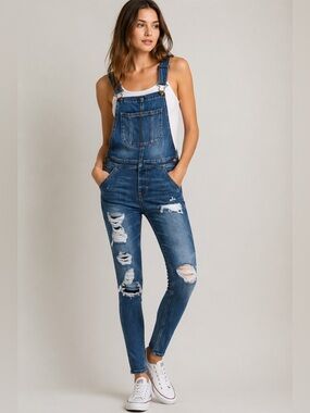 American Eagle Distressed Blue Denim Overalls